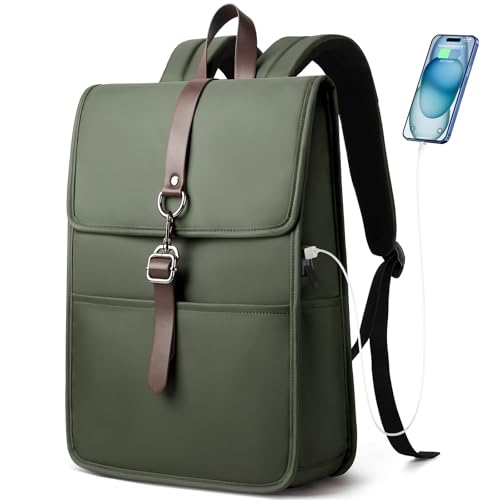 Slim Vintage Backpack for Men Women,15.6 Inch Laptop Backpack | Flap Computer Bag for Commuter Travel, Business Work Backpack with USB Charging Port, Anti-Theft Lightweight Backpack - color: Green