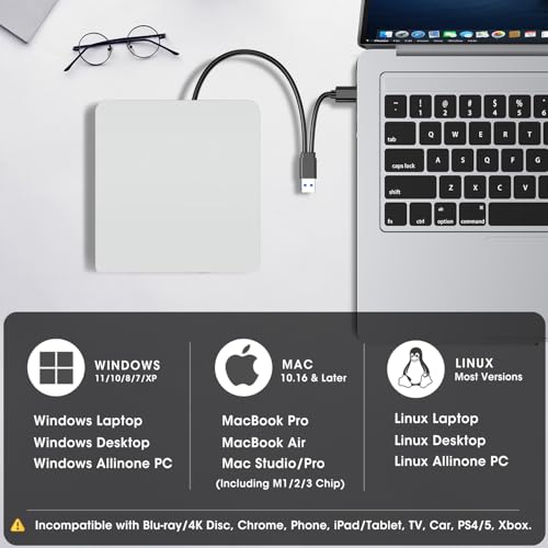 ROOFULL External CD DVD Drive for Mac Laptop USB 3.0 & USB-C | With Carrying Case, Portable CD DVD Burner Reader Writer Player ROM+/-RW Disc Drive for Apple MacBook Windows PC Computer - style: 2 In 1 Drive (White) + Carrying Case