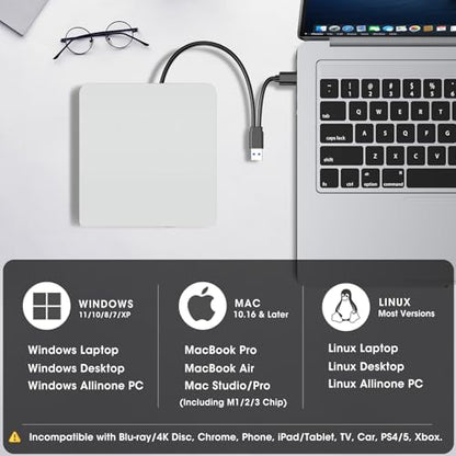 ROOFULL External CD DVD Drive for Mac Laptop USB 3.0 & USB-C | With Carrying Case, Portable CD DVD Burner Reader Writer Player ROM+/-RW Disc Drive for Apple MacBook Windows PC Computer - style: 2 In 1 Drive (White) + Carrying Case