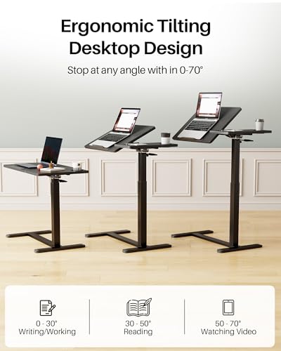Overbed Table with Wheels, Pneumatic Lift, Foldable Top (Black) | 0-70° Tilt Desktop Bedside Table, Hidden Casters,1.18 In Low-Profile Base Slides Under Beds and Sofas, Holds 88 Lbs - color: Black