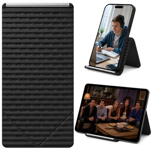 2026 Portable Foldable Silicone Cell Phone Stand, Flexible Folding Aluminum Phone Holder for Phone, Tablet and Laptop, Adjustable Universal Anti-Slip Desktop Mount for Home, Office and Travel (Black) - color: Black