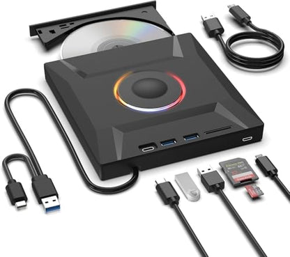 7 in 1 External CD DVD Drive, USB 3.0 and Type-C Disc Reader Writer Burner Player,Slim and Portable CD DVD +/-RW Optical Drive for PC Laptop Desktop MacBook Mac Windows Linux OS Apple - style: 7 in 1