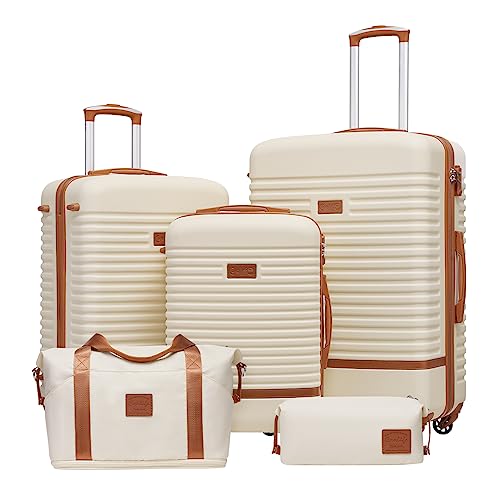 Coolife Suitcase Set 3 Piece Luggage Set Carry On Travel Luggage TSA Lock Spinner Wheels Hardshell Lightweight Luggage Set(White, 5 piece set) - color: White, size: 5 piece set