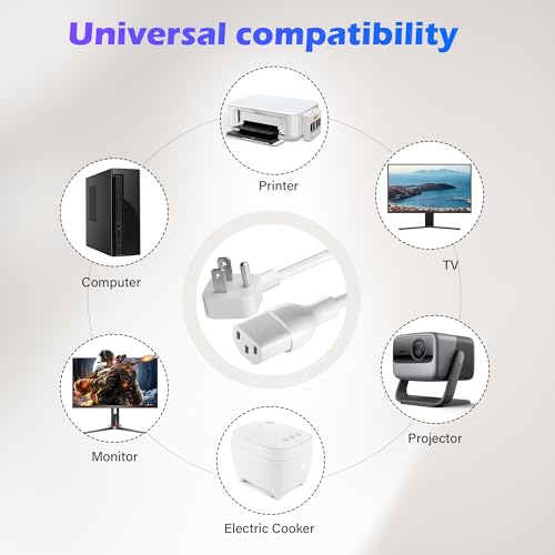Adoreen 2 Ft Computer TV Replacement Power Cord White, Low Profile Flat Plug 18AWG 3-Prong AC Universal Power Supply Cable NEMA 5-15P to IEC 320 C13 for Printer, PC, Monitor TV LCD, ETL+Ties - size: 2FT, style: Angled to Straight