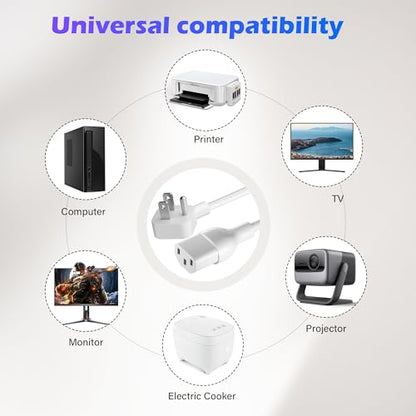 Adoreen 10 Ft Computer TV Replacement Power Cord White, Low Profile Flat Plug 18AWG 3-Prong AC Universal Power Supply Cable NEMA 5-15P to IEC 320 C13 for Printer, PC, Monitor TV LCD, ETL+Ties - size: 10FT, style: Angled to Straight
