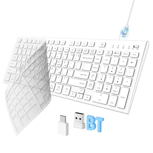 FENIFOX Wireless Keyboard, Bluetooth & 2.4G USB & USB-C Rechargeable Silent Ultra Quiet Low Profile Compact Full Size with Number Pad Soft Multi Device for Mac MacBook Windows PC - White - color: White