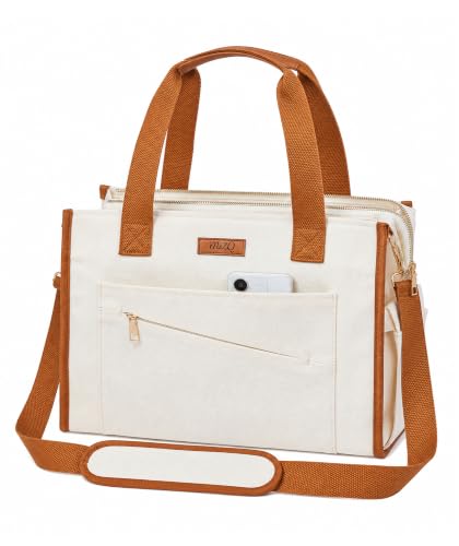 MeZQ Canvas Tote Bag for Women,14-Pockets Work Laptop Tote Large Office Crossbody | Teacher Nurse College with Strap & Zipper - color: Brown