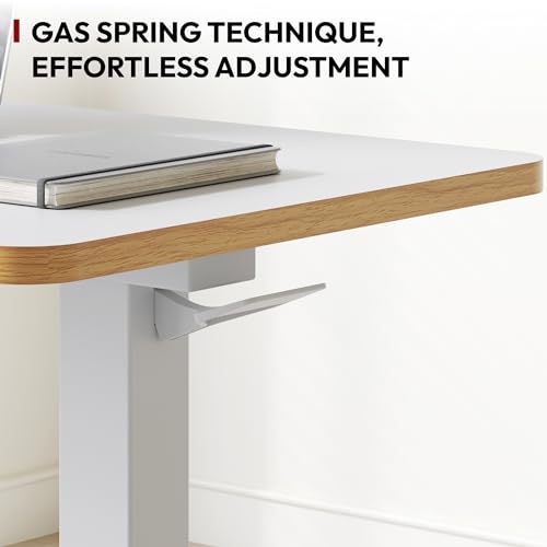 SANODESK Mobile Standing Desk with Hidden Wheels,Pneumatic Laptop Desk Rolling Computer Cart Movable Height Adjustable Small Sit Stand Desk for Home Office(27.6" W x 15.7" D, White+Maple Band) - color: White Maple, size: 28x16
