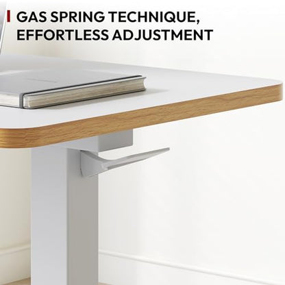 SANODESK Mobile Standing Desk with Hidden Wheels,Pneumatic Laptop Desk Rolling Computer Cart Movable Height Adjustable Small Sit Stand Desk for Home Office(27.6" W x 15.7" D, White+Maple Band) - color: White Maple, size: 28x16