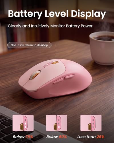 SEUNKWANG Dual-Mode Wireless Mouse with Visible Battery Indicator, Silent Rechargeable Bluetooth & 2.4G Computer Mouse, 1600 DPI, One-Click Privacy Key, Portable Mice for Laptop/PC/Mac - Rose Pink - color: Rose Pink