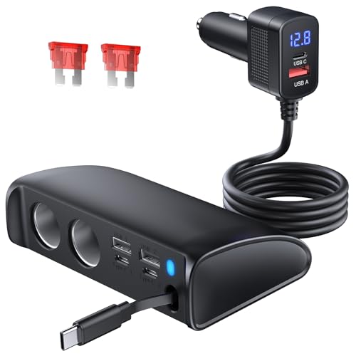 OOWOLF Retractable Cigarette Lighter Charger, 148W Car Charger Adapter 6 USB Ports, USB QC3.0 + PD3.0 Fast Charging, 70cm USB-C Charging Cable, Car Accessories, Compatible with 12/24V Vehicles - color: Black