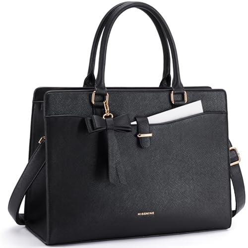 Missnine Laptop Tote Bag for Women 15.6 Inch Leather Work Bags Teacher Computer Purse Briefcase Handbag for Office, Travel - color: Bow Black