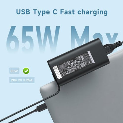 65W USB-C Laptop Charger Compatible with Dell Pro 13 14 16 Latitude 5420 5430 5520 7420 5400 7390 5320 5530 5431, XPS 13 9310 9305 9300 9380 9370 9360, Inspiron 14 15,20V 3.25A Adapter Power Cord