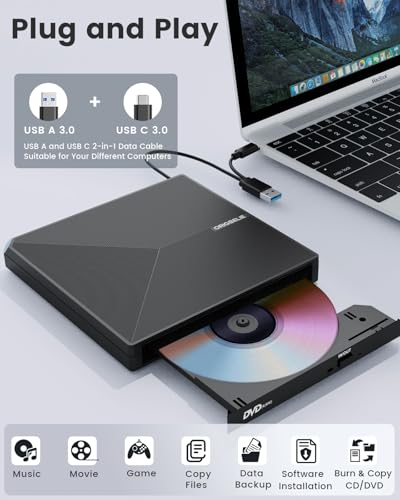 ORIGBELIE External CD DVD Drive, Portable USB C & A DVD Optical Disc Drive | USB 3.0 CD ROM DVD +/-RW Player Burner Reader Writer for MacBook Laptop iMac Desktop PC Windows 11/10/8/7/XP Linux Mac OS - size: 5.6" x 5.6" x 0.7"