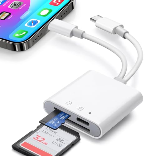 SD Card Reader for iPhone 15 16 17 Android, WZDYFL Memory Card Reader with Charging and Dual Slot for TF/SD, iOS & TypeC Dual-Connector Card Reader for Photography, No App Required Plug and Play - size: Card Reader with Charge