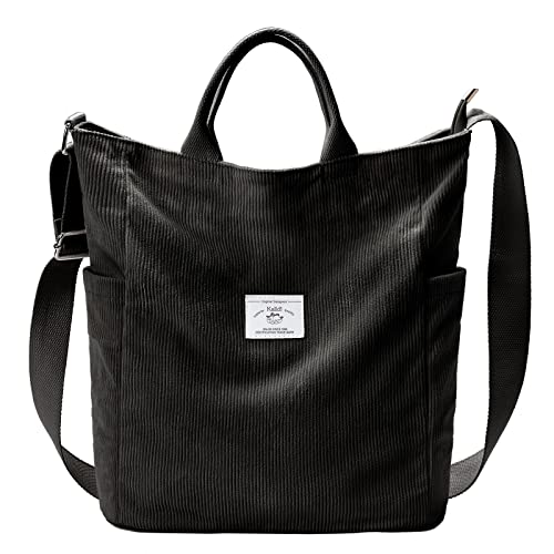 KALIDI Corduroy Tote Bag, Large Messenger Bag Shoulder Hobo Anti Splash Crossbody Zipper Bag Casual Work Shopping Women - color: Black