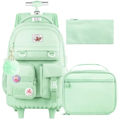 WZLVO Rolling Backpack for Women, 21 inch Roller Wheels Backpacks with Lunch Bag, Water Resistant Wheeled Bookbag for Teens Girls Travel Elementary - Green - color: Green