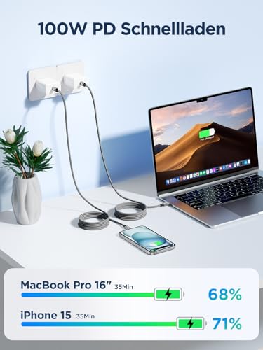 Aioneus 2 Pack 2 m USB C to USB C Cable, 100 W 5 A PD QC 4.0 Quick Charge, Compatible with MacBook Pro, iPad, Samsung, iPhone 15 - size: 6.1FT+6.1FT