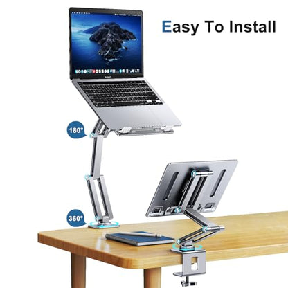 Laptop Stand Desk Mount, Aluminum Adjustable Laptop Arm with Tray | 360° Rotatable Ergonomic Computer Holder for 11-15 Inch Laptops & Tablets, Relieve Neck Strain for Sitting & Standing Work - color: Silver