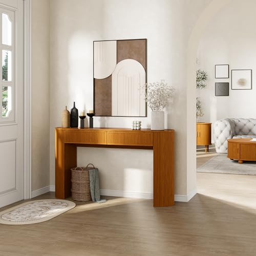 55" Fluted Console Table with 2 Drawers & LED Lights,Entryway Tables with Charging Station,Narrow Sofa Table Behind Couch,Mid-Century Modern Foyer Table for Entryway, Hallway, Living Room(Yellow Oak) - color: Yellow Oak