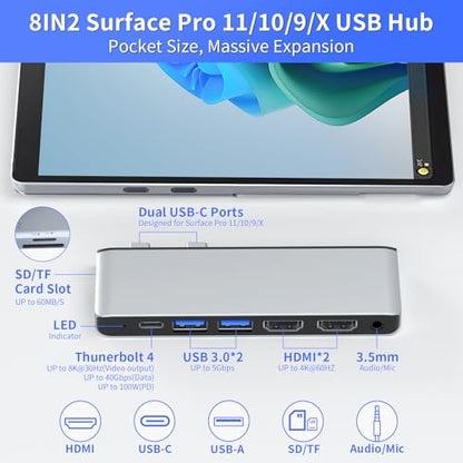 Surface Pro 11 Accessories Docking Station with Dual 4K@60Hz HDMI, USB-C Thunerbolt 4 (Display+Data+100W Charging), 2 USB 3.0, SD/TF, 3.5mm Mic, USB C Hub Adapter for Surface Pro 11/10/9/X - style: 8 in 1 Dock for Surface Pro 11/10/9/X