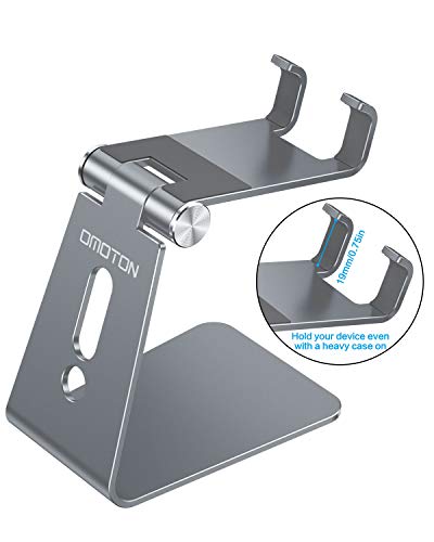 OMOTON C2 Adjustable Aluminum Cell Phone Stand with Charging Cutout, Grey | Sturdy 3mm Aluminum, Charging Port, 270° Adjustable, Non-Slip Silicone Pads, Works with Thick Cases, for All Smartphones - color: Grey