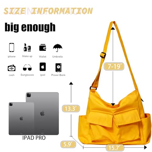 Canvas Messenger Bag Large Hobo Crossbody Bag with Multiple Pockets Casual Shoulder Tote Bag for Women and Men - color: Yellow