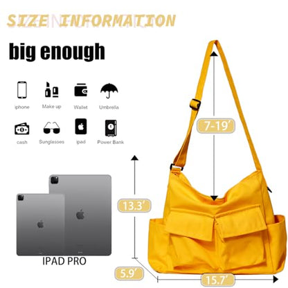 Canvas Messenger Bag Large Hobo Crossbody Bag with Multiple Pockets Casual Shoulder Tote Bag for Women and Men - color: Yellow