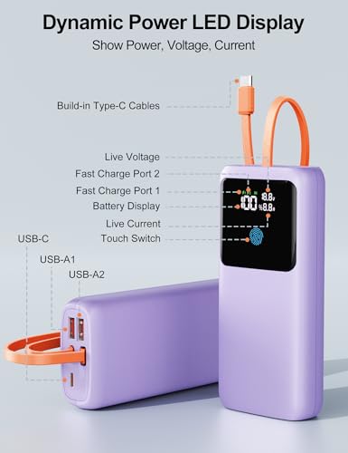 Portable Laptop Charger 24000mAh 65W w/USB C Built-in Cable Purple | 65W Fast charging, LED display, Charge 4 devices at once, Pass through, TSA approved, Compatible with Macbook/Notebook/iPhone - color: Purple