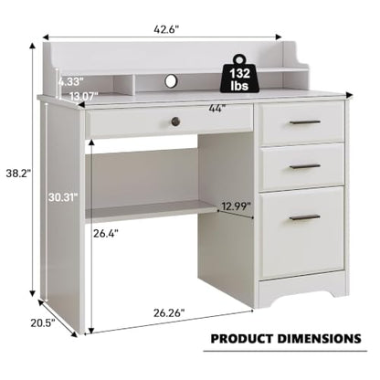 4 EVER WINNER White Desk with Drawers, 44 Inch Small Computer Desk with File Drawer and Monitor Stand, Wood Desk with Storage Shelf for Small Spaces, Living Room, Bedroom, White - color: Pure White