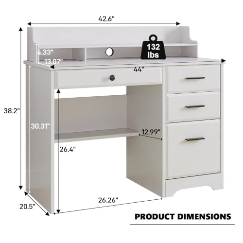 4 EVER WINNER White Desk with Drawers, 44 Inch Small Computer Desk with File Drawer and Monitor Stand, Wood Desk with Storage Shelf for Small Spaces, Living Room, Bedroom, White - color: Pure White
