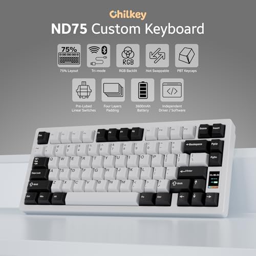 OOCTPK Chilkey ND75 Aluminum 75% Wireless Mechanical Gaming Keyboard with LCD Screen, Quick Assembly, BT/2.4G/USB-C, Hot Swappable Per-Key RGB Custom Keyboard for Windows, MacOS - color: White, size: 1.2mm PCB Flex Cut