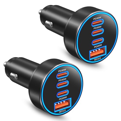 98W Car Charger USB C Fast Charge, 2 Pack 4-Port Fast Car Phone Charger | [4 in 1] Dual PD30W+PD20W+QC18W,3 USB-C & USB-A Cigarette Lighter USB Charger Adapter for iPhone 17 16 15 Pro Max,iPad,Galaxy - color: Black