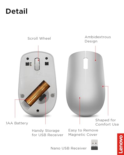 Lenovo 530 Full Size Wireless Computer Mouse for PC, Laptop, Computer with Windows - 2.4 GHz Nano USB Receiver - Ambidextrous Design - 12 Months Battery Life - Platinum Grey - color: Platinum Grey