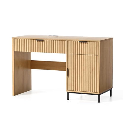 47" Fluted Executive Desk, Modern Wood Home Office Desk with Charging Station, Drawer & Cabinet, Computer Writing Desk for Work Study, Natural Oak - color: Natural Oak