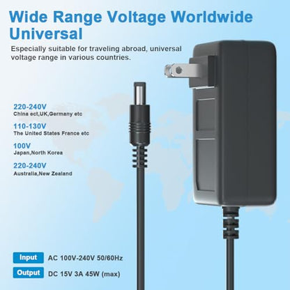 15V 3A Power Supply Charger AC/DC Adapter, 45W Switching Power Adapter with 5.5mm x 2.5mm/2.1mm DC Plug for Bluetooth Speaker, Security Camera, Projector