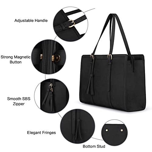 ECOSUSI Laptop Bag For Women 15.6 Inch Work Tote Bags PU Leather Computer Purse For Business Office With 3 Layer Compartments - color: Black