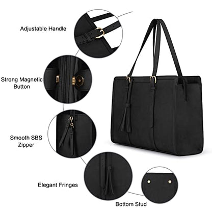 ECOSUSI Laptop Bag For Women 15.6 Inch Work Tote Bags PU Leather Computer Purse For Business Office With 3 Layer Compartments - color: Black