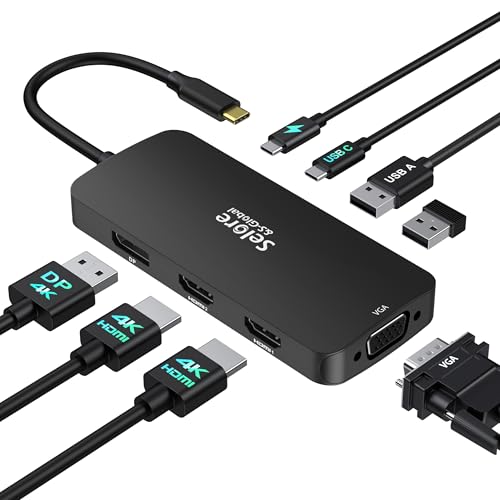 Selore USB C Docking Station Dual HDMI Monitor Adapter USB C Hub 3 Monitors | Triple Monitors for Laptop with Dual HDMI, DisplayPort, VGA, 100W PD Charging, 3 USB 2.0 Ports, For Dell XPS, HP, Lenovo - color: Black