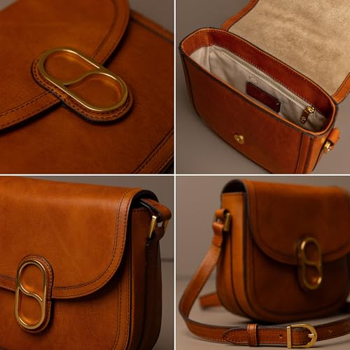 Time Resistance Full-Grain Leather Crossbody Bag – Shoulder Bag with Magnetic Closure - Leather Messenger Bag for Women - color: Cognac Brown