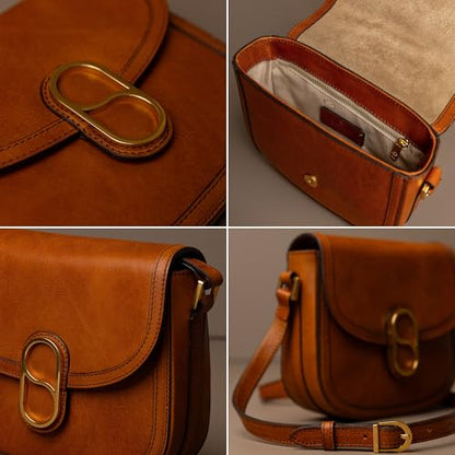 Time Resistance Full-Grain Leather Crossbody Bag – Shoulder Bag with Magnetic Closure - Leather Messenger Bag for Women - color: Cognac Brown