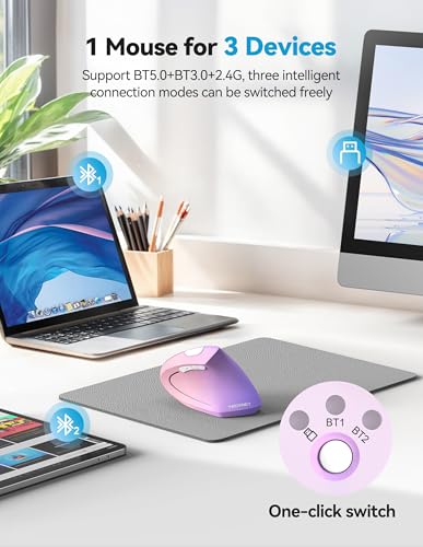 TECKNET Ergonomic Mouse Rechargeable Bluetooth - 4800 DPI Vertical Mice 6 Adjustable Levels, Wireless Optical Carpal Tunnel Mouse Right Hand, Multi Device for Laptop, PC, Computer - Pink Purple - color: Pink Purple