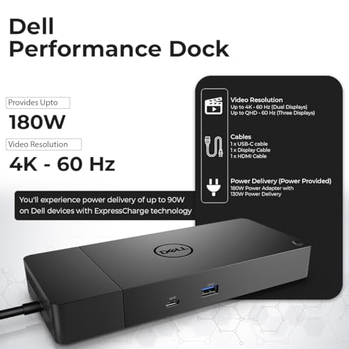 Dell WD19S Docking Station Dual Monitor Bundle - 180W, Supports 4K Display, Dell Dock with 180W Power Supply + Anyhdd 4K HDMI Cable + 4K DisplayPort Cable + USB-C Cable + Microfiber Cloth Included - style: WD19S 180W