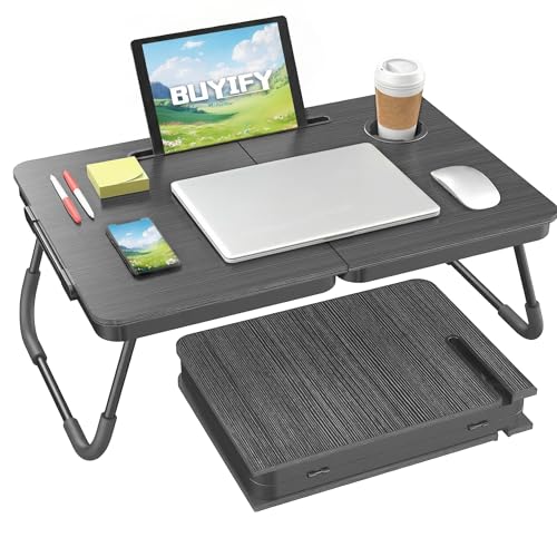 BUYIFY 23.4" Foldable Lap Desk Bed Table with Cup Holder Tray Charcoal | Portable Folds Flat for Easy Storage, No Assembly Laptop Bed Desk, Sturdy and Lightweight, Patent Design - color: Charcoal