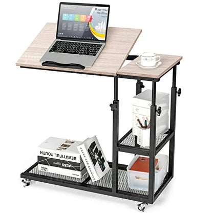 Tangkula Height Adjustable C Shaped End Table with Lockable Wheels, Mobile Couch Desk Table with Tiltable Table Top, Sofa Bedside Laptop Stand TV Tray with Storage Shelves, Snack Side Table - color: Natural