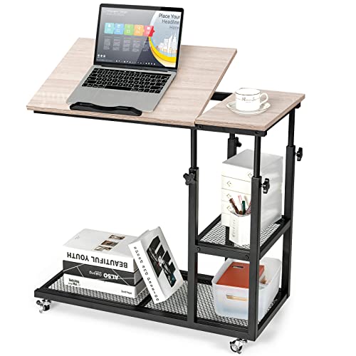 Tangkula Height Adjustable C Shaped End Table with Lockable Wheels, Mobile Couch Desk Table with Tiltable Table Top, Sofa Bedside Laptop Stand TV Tray with Storage Shelves, Snack Side Table - color: Natural