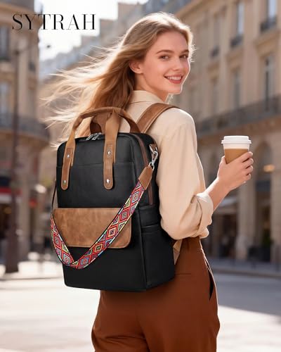 Leather Laptop Backpack 15.6 inch Womens Computer Bag Brown | 3-in-1 laptop purse: Dedicated 15.6" Compartment, 7-Pocket Organizer, Colorful Shoulder Strap, Work & Travel Ready - color: Black Brown