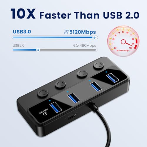 Qeefun 4-Port USB 3.0 Hub, Individual LED Power Switches, 5Gbps Data Transfer USB Splitter with 2ft Extension Cable, Multiple USB Extender for Laptop, PC, iMac, USB Flash Drives and More - style: A to 4A(60cm)