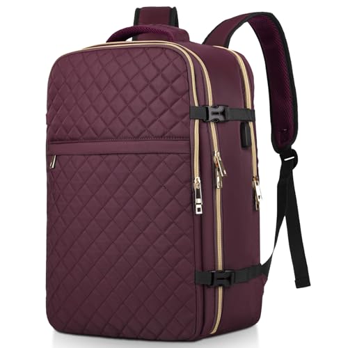Large Travel Backpack Women, Flight Approved Carry On Backpack, Water Resistant Anti-Theft Large Casual Daypack Fit 17 Inch Laptop with USB Charging Port - color: Dark Purple, size: 17.3 inch
