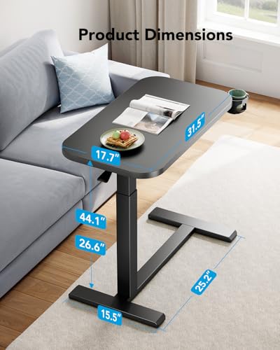 HUANUO 32Inch Bedside Table with Wheels, Height-Adjustable Rolling Computer Cart, Overbed Table with Cup Holder, Pneumatic Laptop Standing Desk for Home Office, Black - color: Black, size: Large-32 Inch